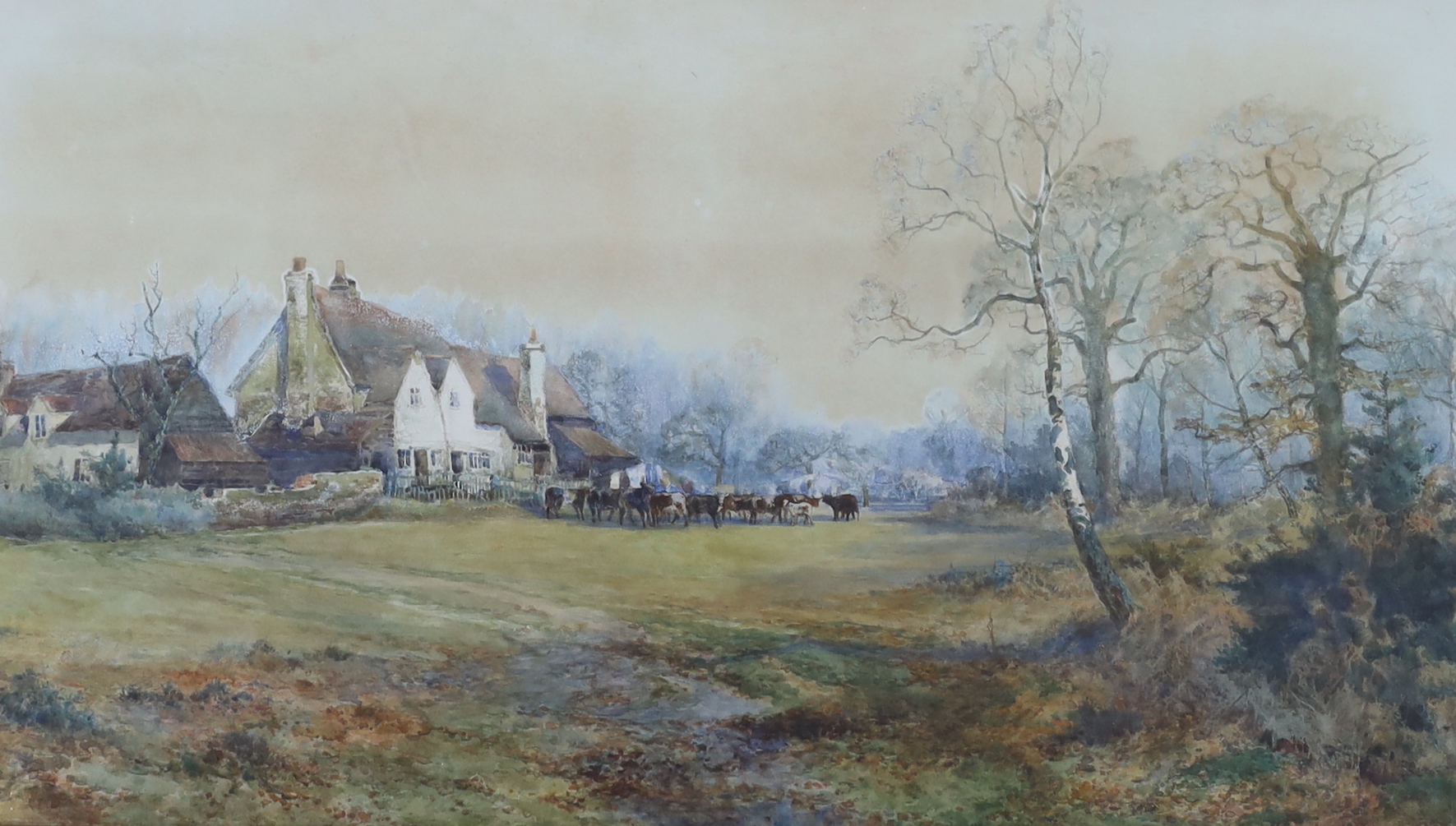 George C. Haite (c.1897), watercolour and gouache on paper, 'The cottage houses of England', signed and dated, Victorian giltwood and gesso frame, 51 x 93cm